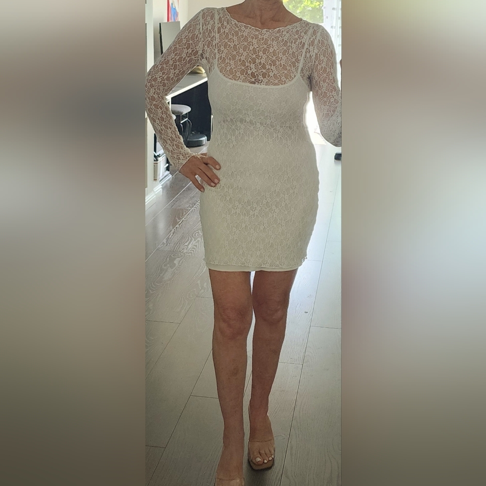 Jessica Simpson white lace dress with slip long sleeve